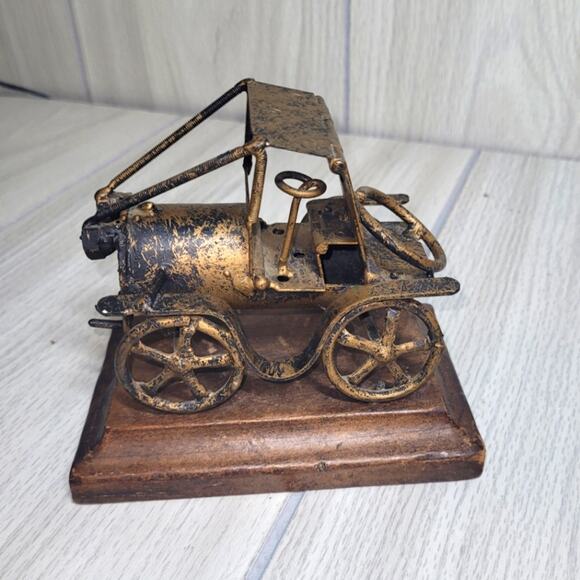 Vintage Scrap Metal Art Antique Car Automobile Brass On Wood Shelf Sitter - Picture 1 of 8
